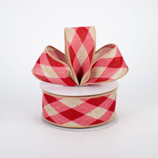 1.5  Argyle Plaid Ribbon: Pink, Red, Natural (10 Yards) For Cheap