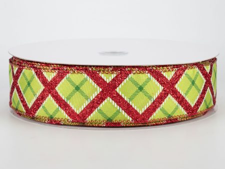 1.5  Diagonal Plaid Ribbon: Lime, Red, Green (50 Yards) Hot on Sale