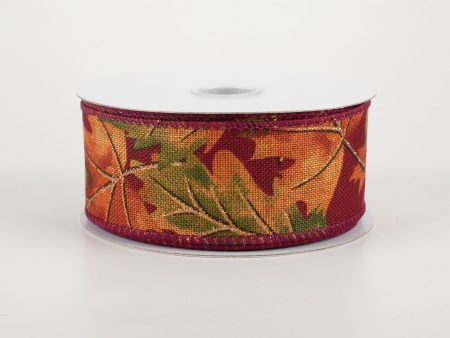 1.5  Burgundy Fall Leaves Ribbon (10 Yards) For Discount