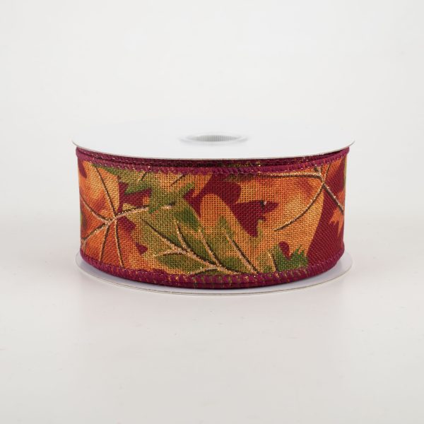 1.5  Burgundy Fall Leaves Ribbon (10 Yards) For Discount