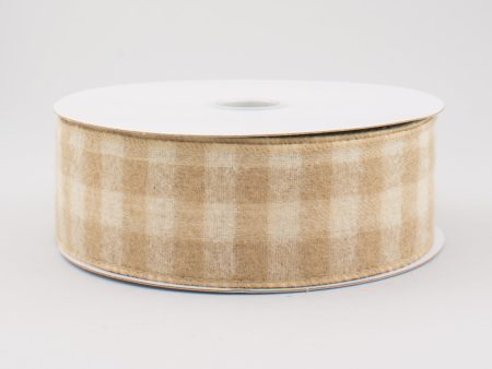 1.5  Flannel Gingham Check Plaid Ribbon: Tan & Ivory (10 Yards) Online now