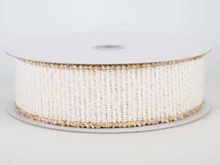 1.5  Fuzzy Woven Gold Edge Ribbon: White (10 Yards) Online now