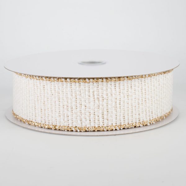 1.5  Fuzzy Woven Gold Edge Ribbon: White (10 Yards) Online now