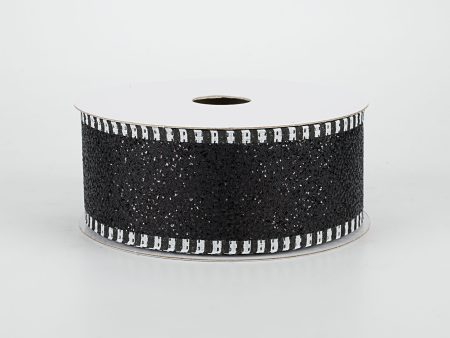 1.5  Black & White Striped Edge Glitter Ribbon: Black (10 Yards) Fashion