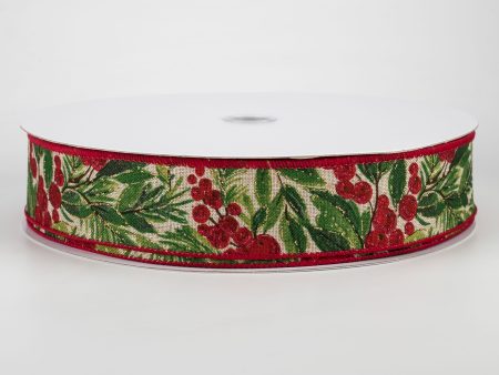 1.5  Glittered Holiday Berry Ribbon: Natural (50 Yards) Sale