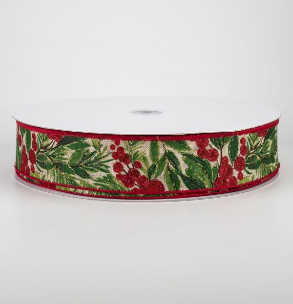 1.5  Glittered Holiday Berry Ribbon: Natural (50 Yards) Sale