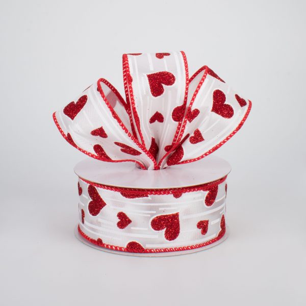 1.5  Glitter Hearts Ribbon: Red With White Lines (10 Yards) For Discount