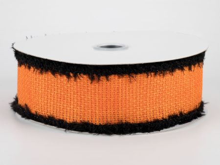 1.5  Faux Burlap Fuzzy Edge Ribbon: Orange, Black (10 Yards) For Sale