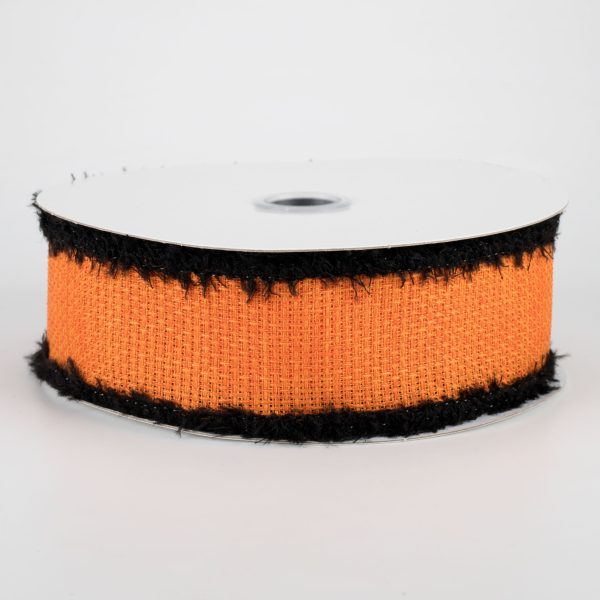 1.5  Faux Burlap Fuzzy Edge Ribbon: Orange, Black (10 Yards) For Sale