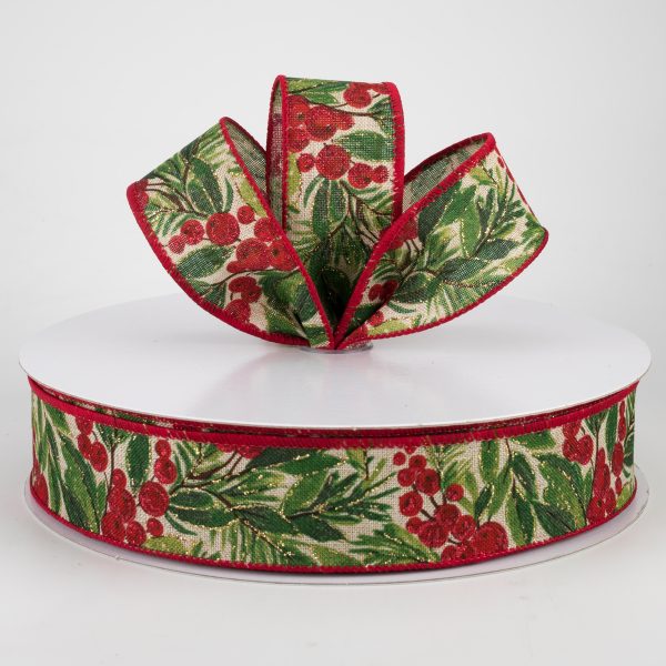 1.5  Glittered Holiday Berry Ribbon: Natural (50 Yards) Sale