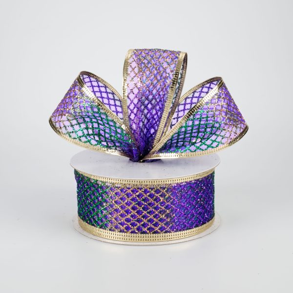 1.5  Glitter Sheer Net Ribbon: Purple, Green, Gold (10 yards) Fashion