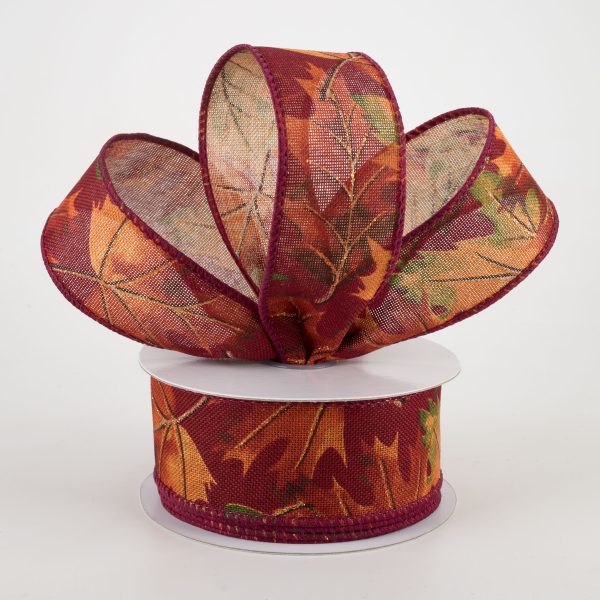 1.5  Burgundy Fall Leaves Ribbon (10 Yards) For Discount