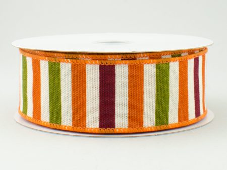 1.5  Canvas Horizontal Stripes Ribbon: Orange, Green, Burgundy (10 Yards) Supply