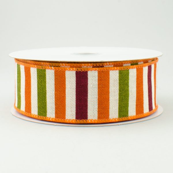 1.5  Canvas Horizontal Stripes Ribbon: Orange, Green, Burgundy (10 Yards) Supply