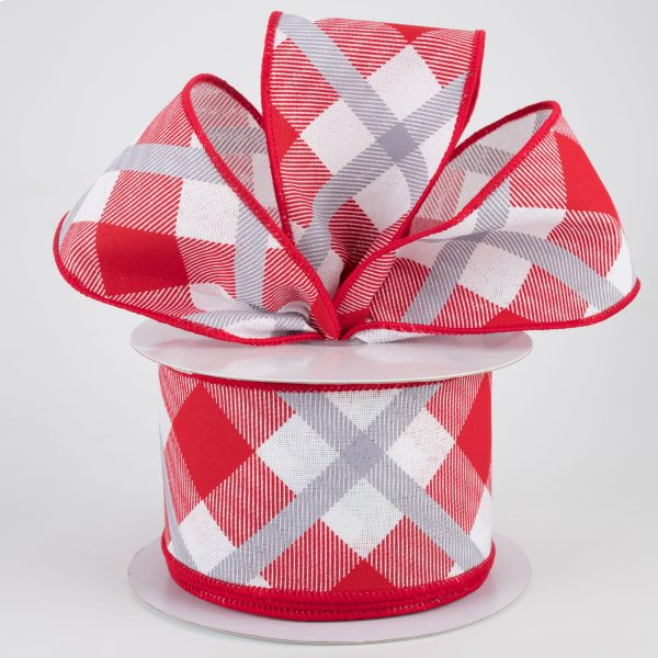 2.5  Printed Plaid Ribbon: White, Red, Grey (10 Yards) Sale