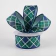 1.5  Diagonal Bonnie Check Ribbon: Navy, Green & White (10 Yards) For Sale