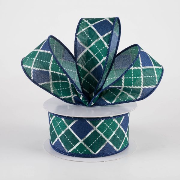 1.5  Diagonal Bonnie Check Ribbon: Navy, Green & White (10 Yards) For Sale