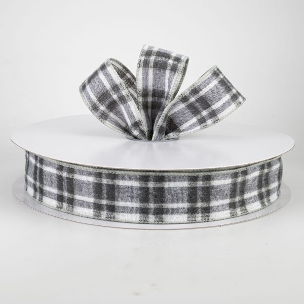 1.5  Fuzzy Flannel Plaid Ribbon: Grey & White (50 Yards) on Sale