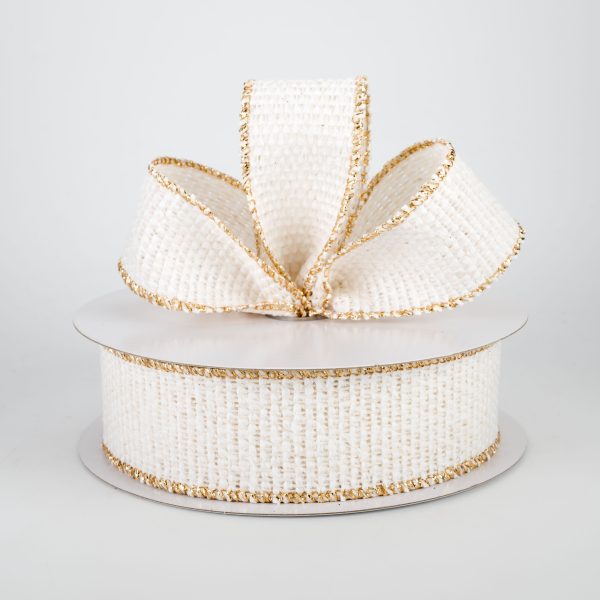 1.5  Fuzzy Woven Gold Edge Ribbon: White (10 Yards) Online now