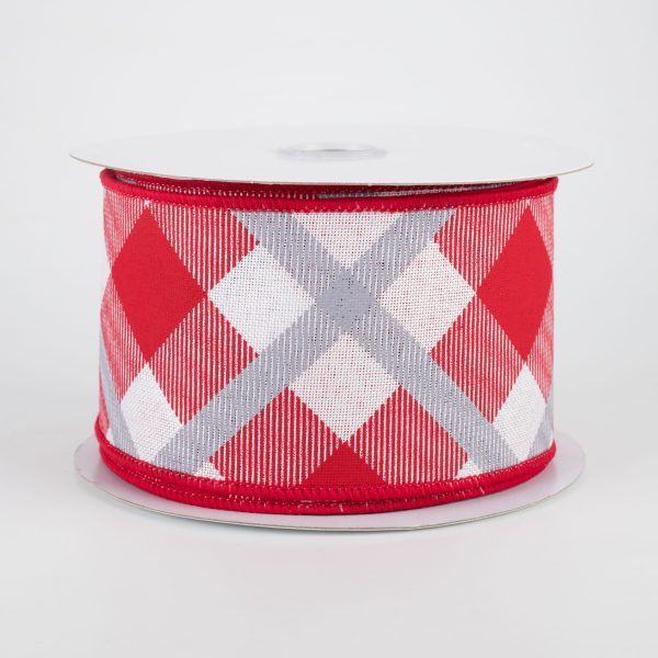 2.5  Printed Plaid Ribbon: White, Red, Grey (10 Yards) Sale