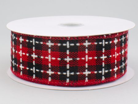 1.5  Buffalo Plaid Stitched Ribbon: Red, Black, White (10 Yards) on Sale