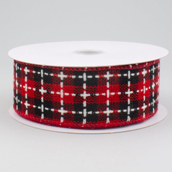 1.5  Buffalo Plaid Stitched Ribbon: Red, Black, White (10 Yards) on Sale