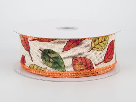 1.5  Fall Madeline Leaves Ribbon: Orange & Green (10 Yards) Online Hot Sale