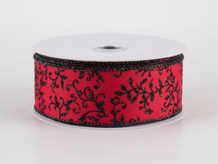 1.5  Glitter Mini Leaf Vines Ribbon: Red & Black (10 Yards) For Discount