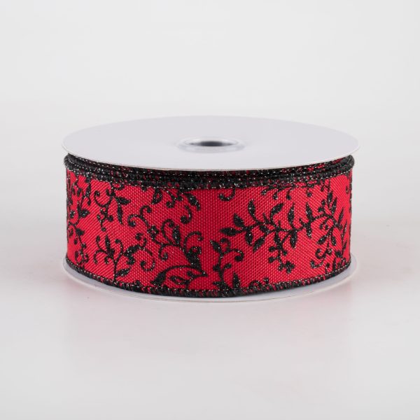 1.5  Glitter Mini Leaf Vines Ribbon: Red & Black (10 Yards) For Discount