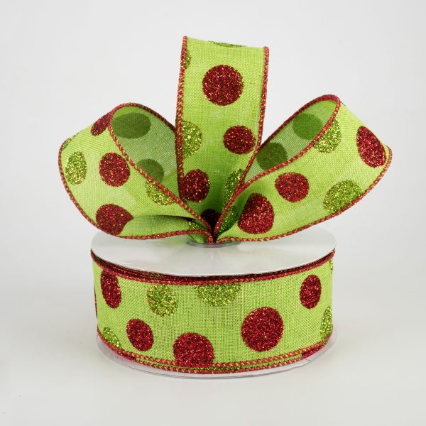 1.5  Glitter Dots Lime Canvas Ribbon: Lime & Red (10 Yards) For Cheap