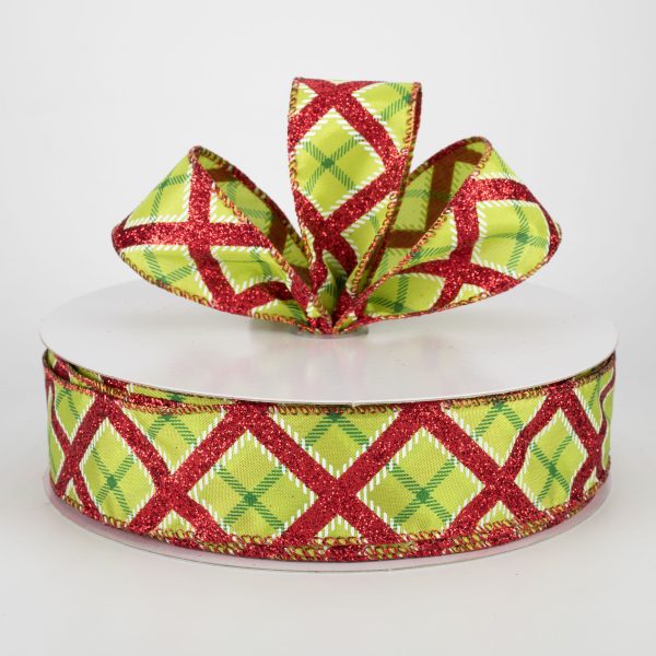 1.5  Diagonal Plaid Ribbon: Lime, Red, Green (50 Yards) Hot on Sale