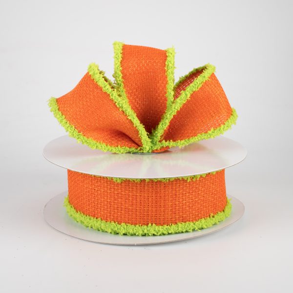 1.5  Faux Burlap Fuzzy Edge Ribbon: Orange & Lime (10 Yards) Supply