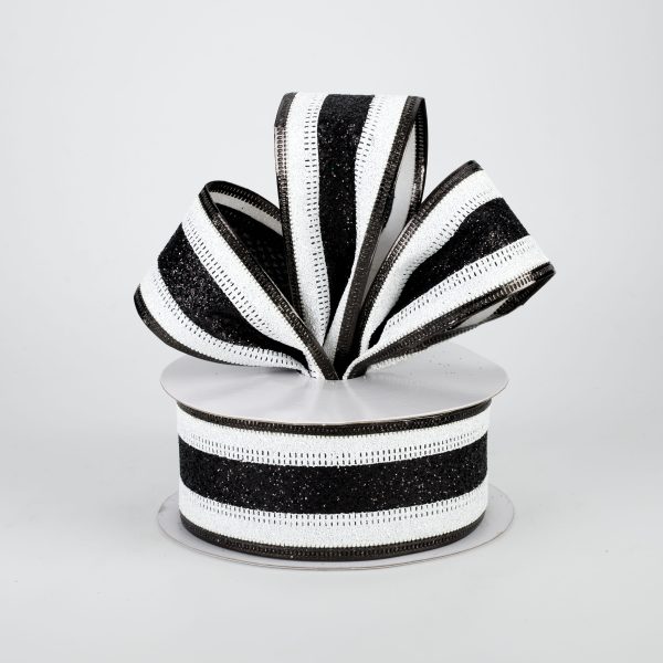 1.5  Glitter Stripe Ribbon: White & Black (10 Yards) Discount