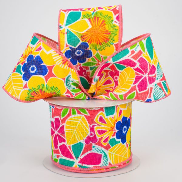 2.5  Tropical Flowers Ribbon: Coral (10 Yards) Online