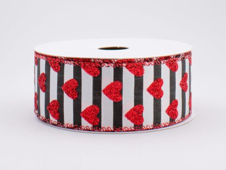 1.5  Black & White Stripe Red Glitter Heart Ribbon (10 Yards) Online Hot Sale