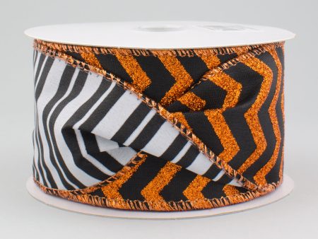 2.5  Metallic Chevron & Stripes 2-Sided Ribbon: Orange, White & Black (10 Yards) Cheap