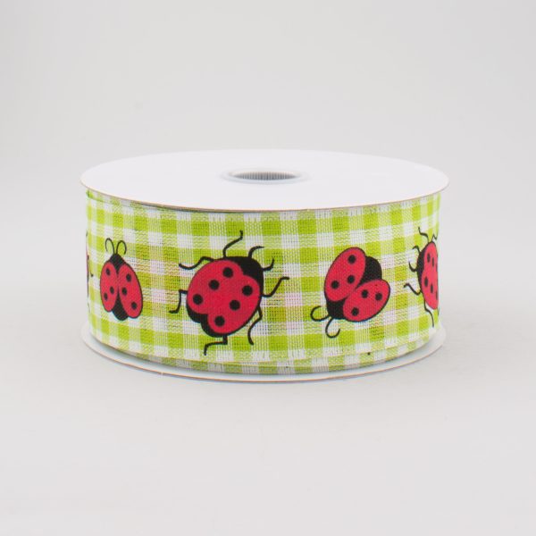 1.5  Gingham Ladybugs Ribbon: Lime Green & White (10 Yards) Online now