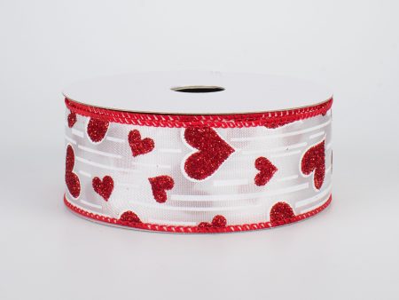 1.5  Glitter Hearts Ribbon: Red With White Lines (10 Yards) For Discount