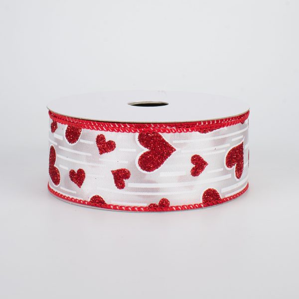 1.5  Glitter Hearts Ribbon: Red With White Lines (10 Yards) For Discount