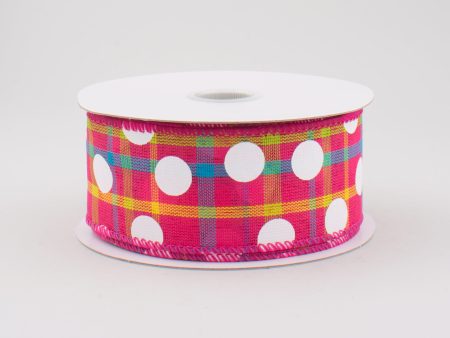 1.5  Fuchsia Spring Plaid White Polka Dot Ribbon (10 Yards) Supply