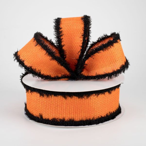 1.5  Faux Burlap Fuzzy Edge Ribbon: Orange, Black (10 Yards) For Sale