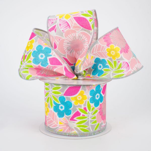 2.5  Tropical Flowers Ribbon: Grey (10 Yards) Supply