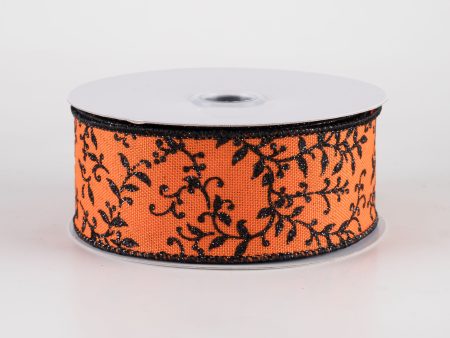 1.5  Glitter Mini Leaf Vines Ribbon: Orange & Black (10 Yards) For Sale