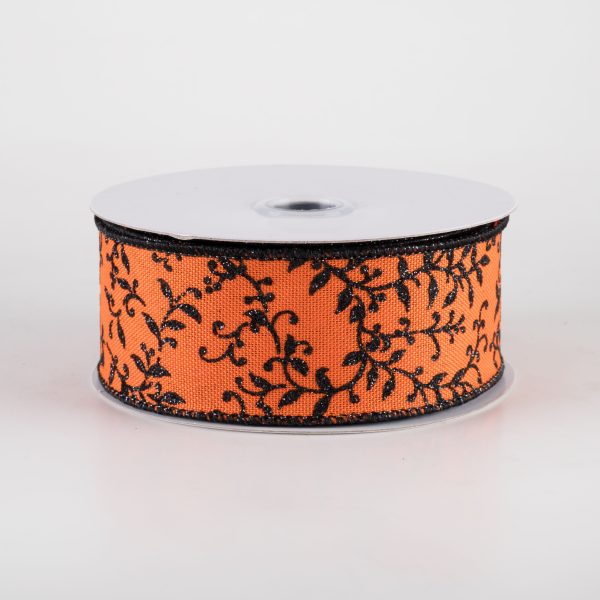 1.5  Glitter Mini Leaf Vines Ribbon: Orange & Black (10 Yards) For Sale