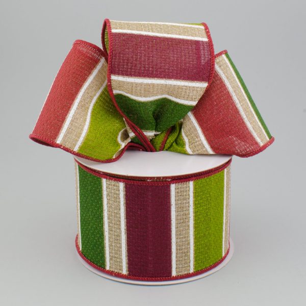 2.5  Royal Faux Burlap Bold Stripe Ribbon: Burgundy, Green, Red (10 Yards) Online now