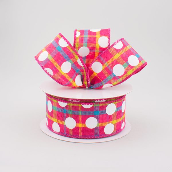 1.5  Fuchsia Spring Plaid White Polka Dot Ribbon (10 Yards) Supply