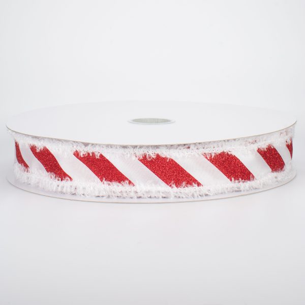 1.5  Fuzzy Edge Glittered Candy Cane Ribbon (50 Yards) Online now