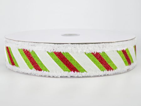 1.5  Chenille Edge Diagonal Glitter Stripe Ribbon: Lime, Red, White (50 Yards) on Sale