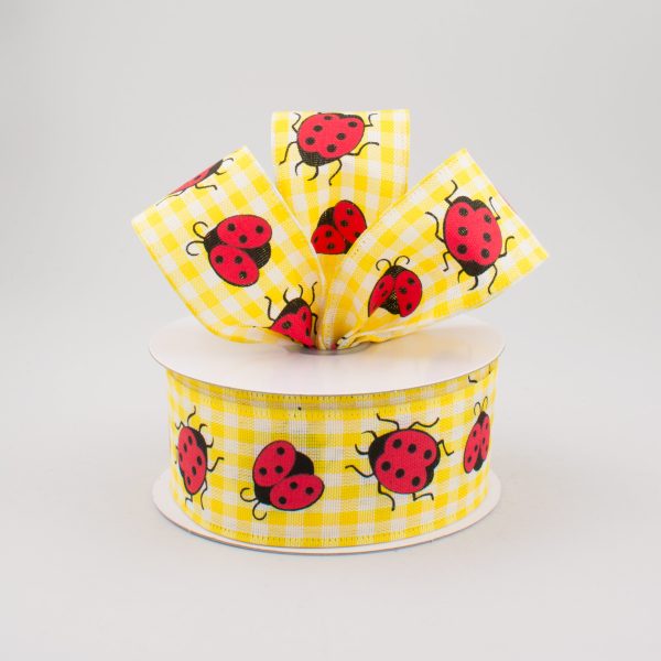 1.5  Gingham Ladybugs Ribbon: Yellow & White (10 Yards) Fashion