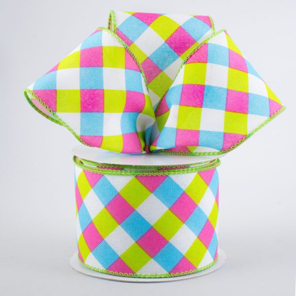 2.5  Spring Gingham Plaid Ribbon: Blue, Pink, Lime (10 Yards) Hot on Sale